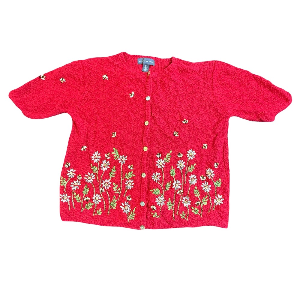 Northern‎ Isles Red Vintage Bee Daisy Embroidered Cardigan Sweater Short Sleeve